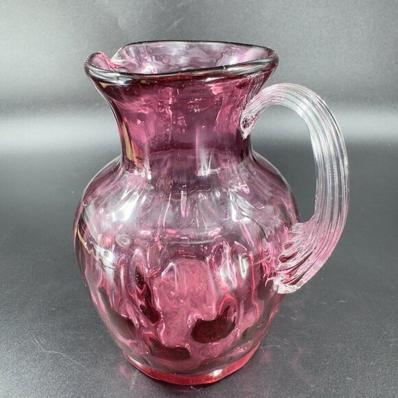Vintage Pilgrim Glass Cranberry Optic Glass Pitcher Small Creamer Hand Blown VTG - Picture 10 of 14